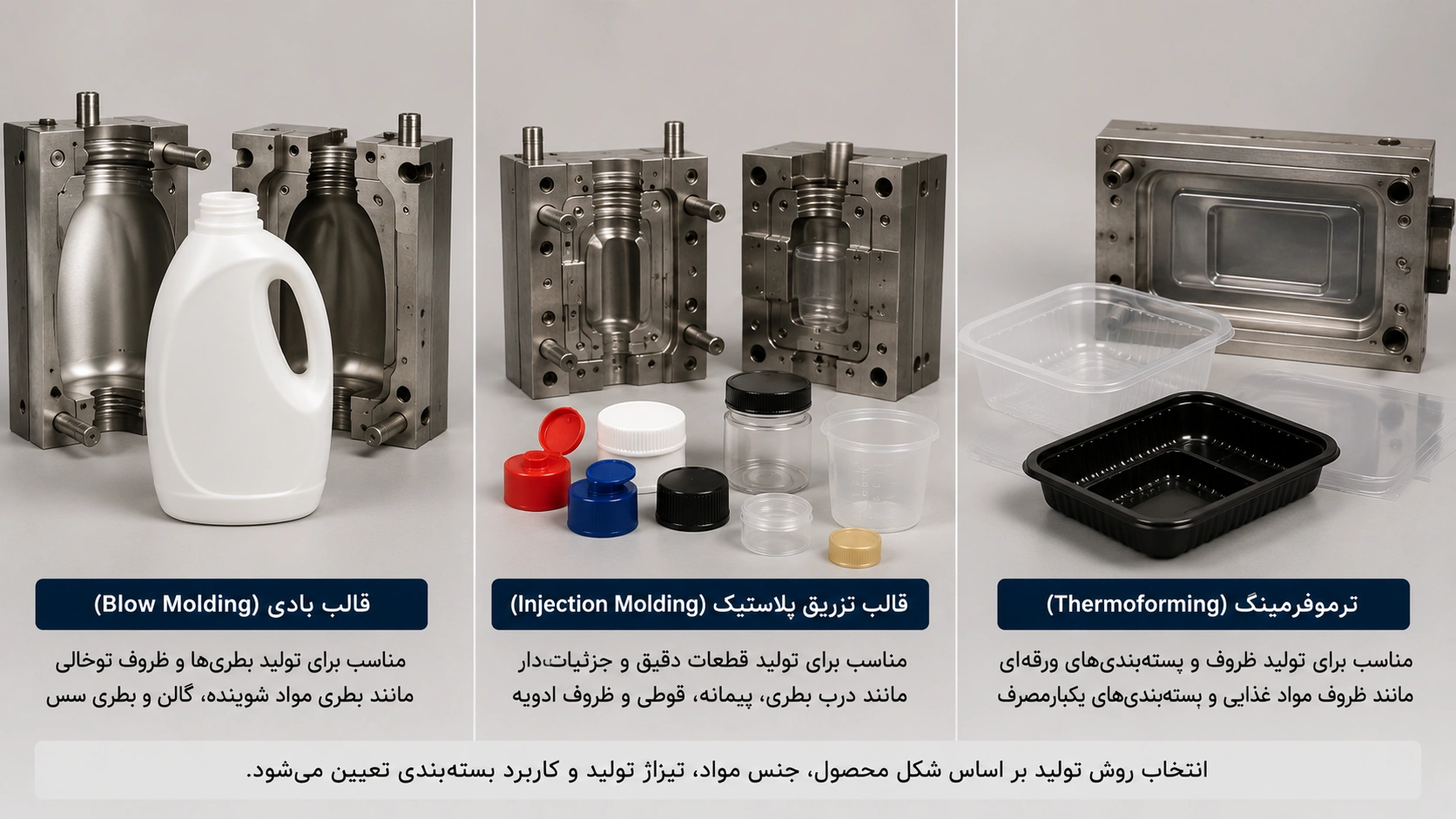 مقایسه قالب بادی، قالب تزریق پلاستیک و ترموفرمینگ در تولید بستهبندی