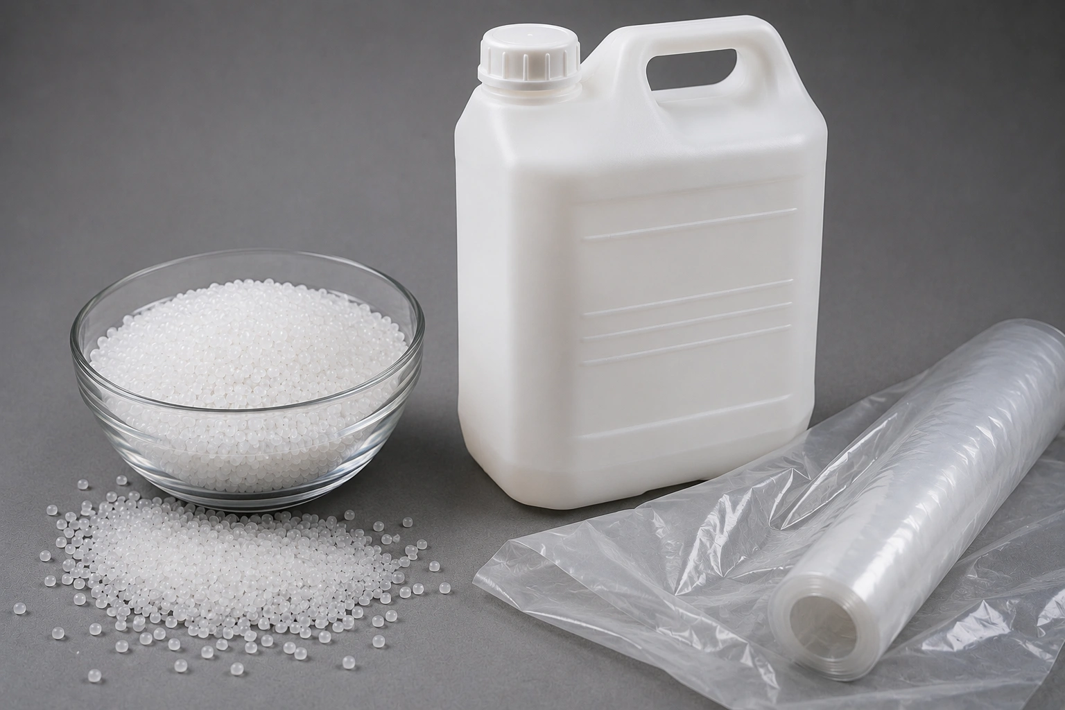 گرانول پلیاتیلن در کنار گالن HDPE و فیلم پلاستیکی انعطافپذیر