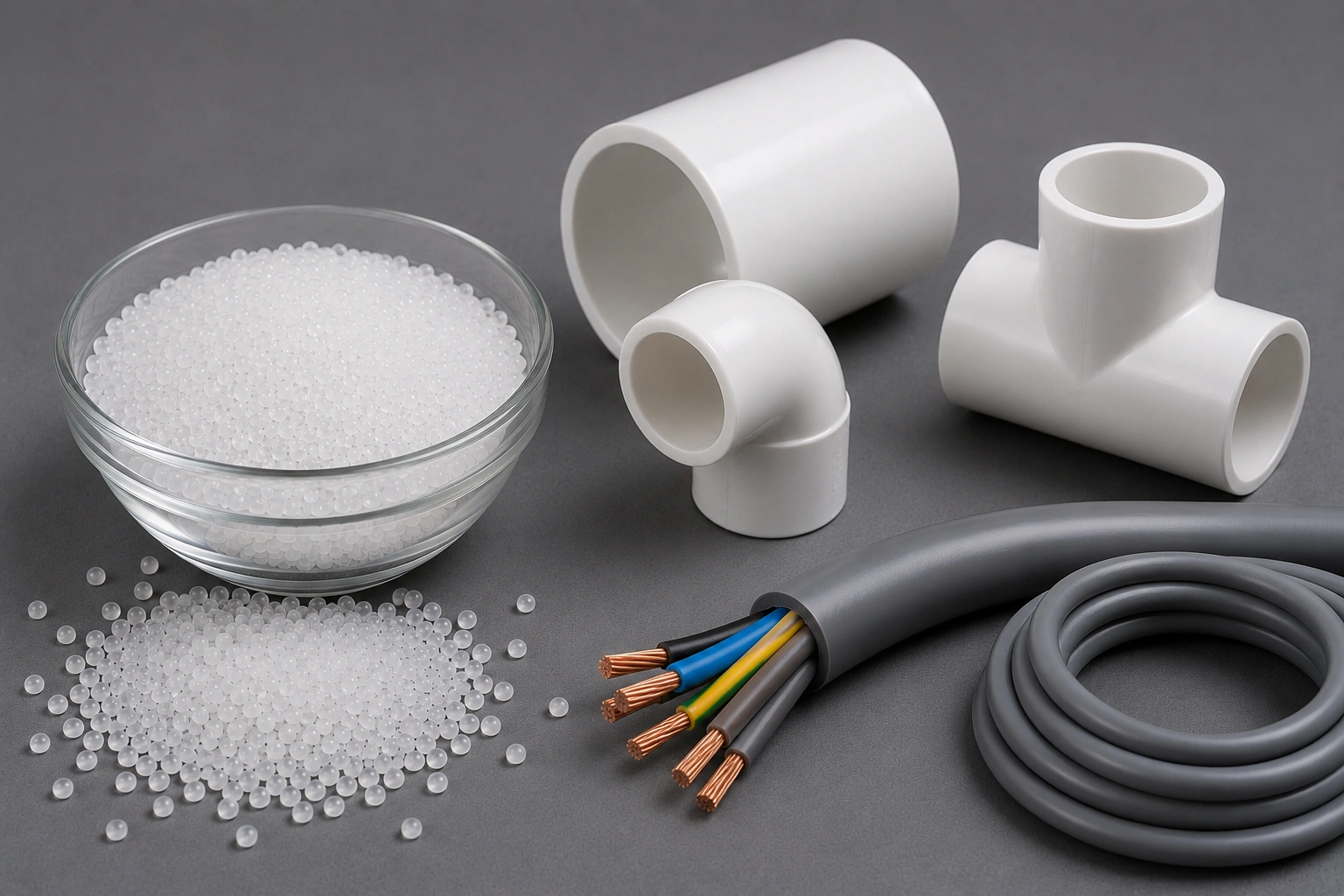 گرانول PVC در کنار لوله UPVC و روکش انعطافپذیر کابل