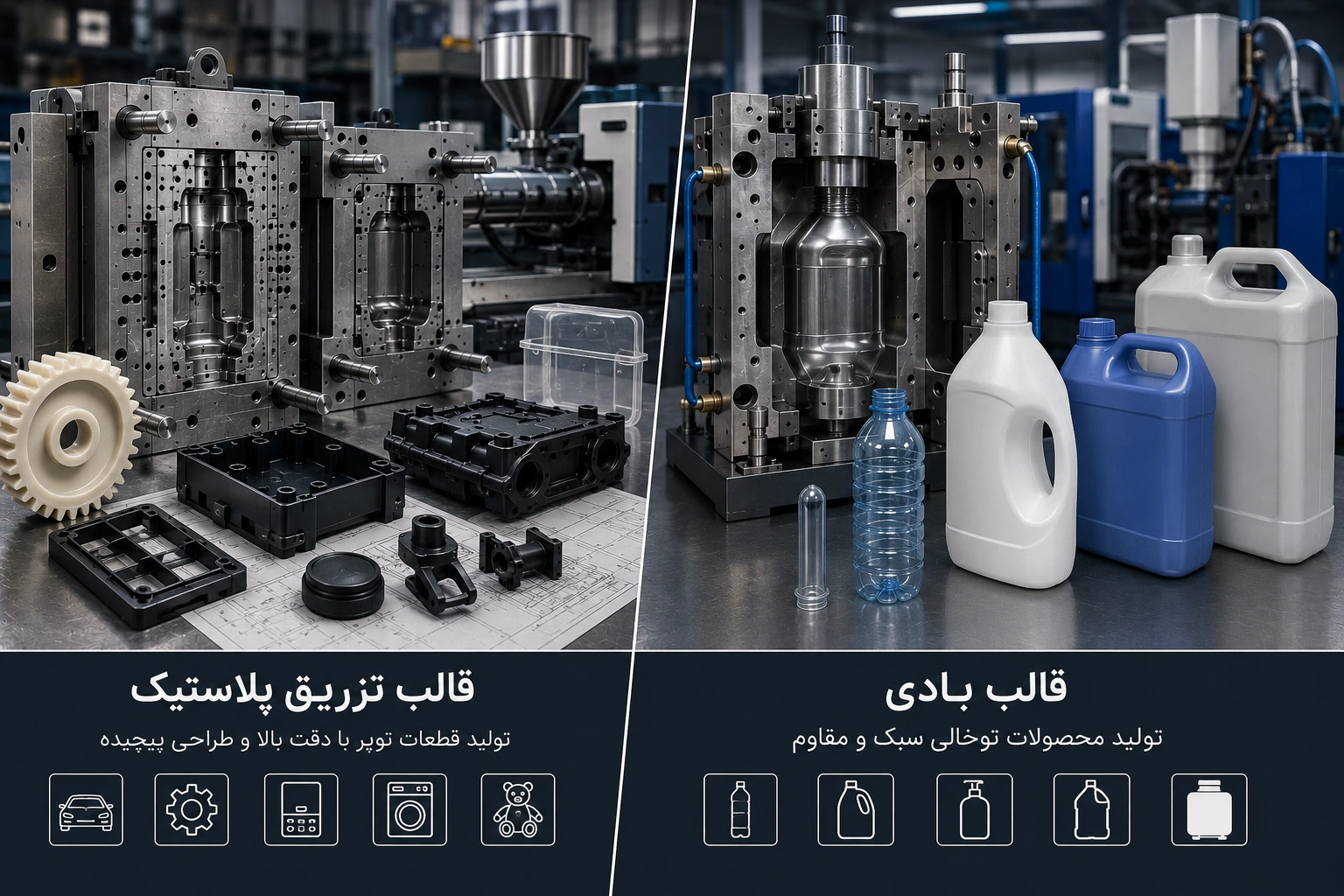مقایسه قالب تزریق پلاستیک و قالب بادی همراه با نمونه محصولات هر روش