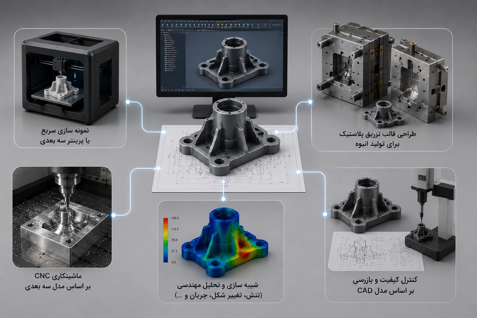 مدل سه بعدی CAD به عنوان مبنای پرینت سه بعدی، طراحی قالب تزریق پلاستیک، ماشینکاری CNC، تحلیل مهندسی و کنترل کیفیت