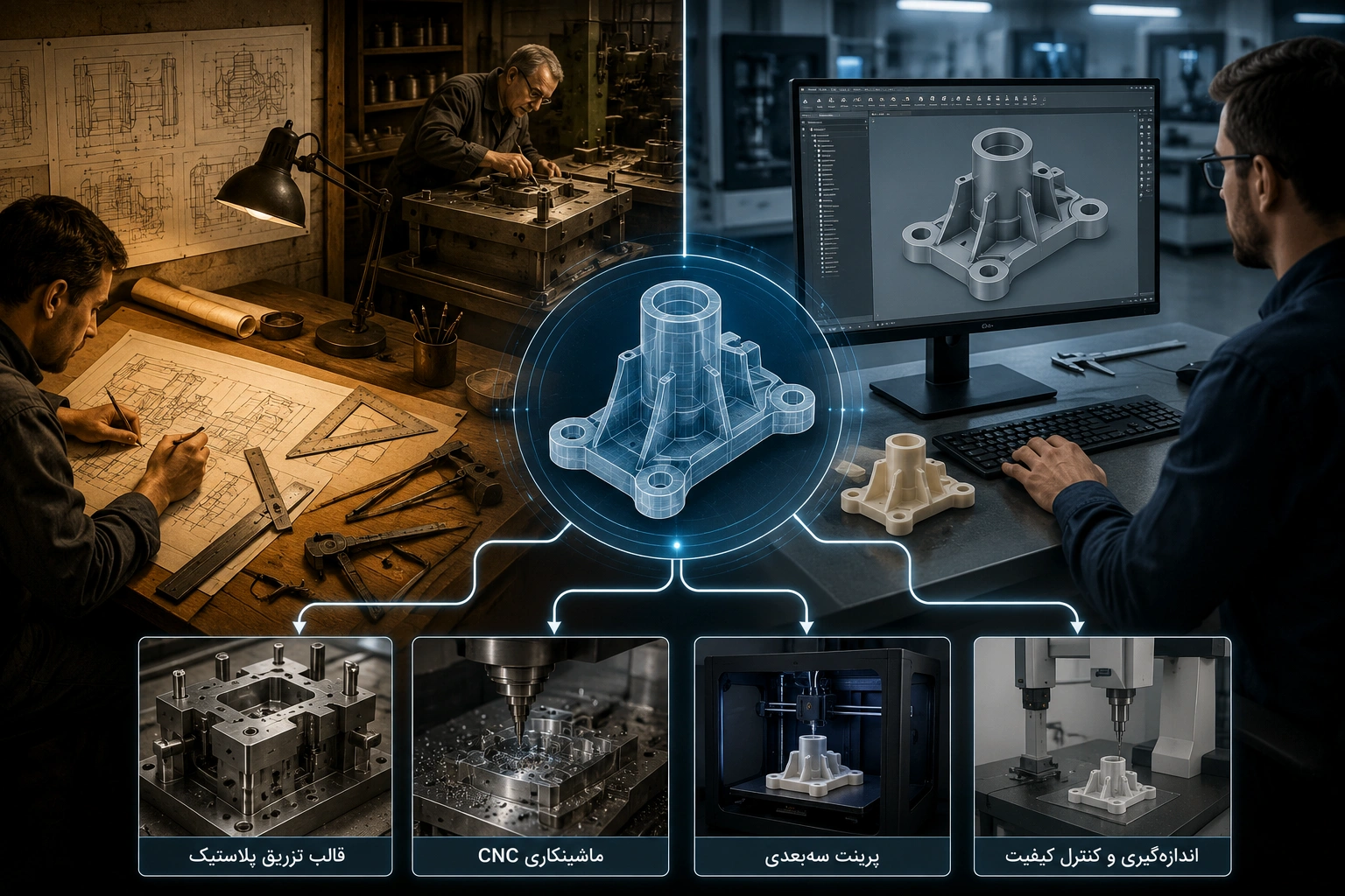 مقایسه فرآیند طراحی صنعتی سنتی با طراحی سه بعدی صنعتی و ارتباط مدل سه بعدی با ساخت قالب، CNC و پرینت سه بعدی