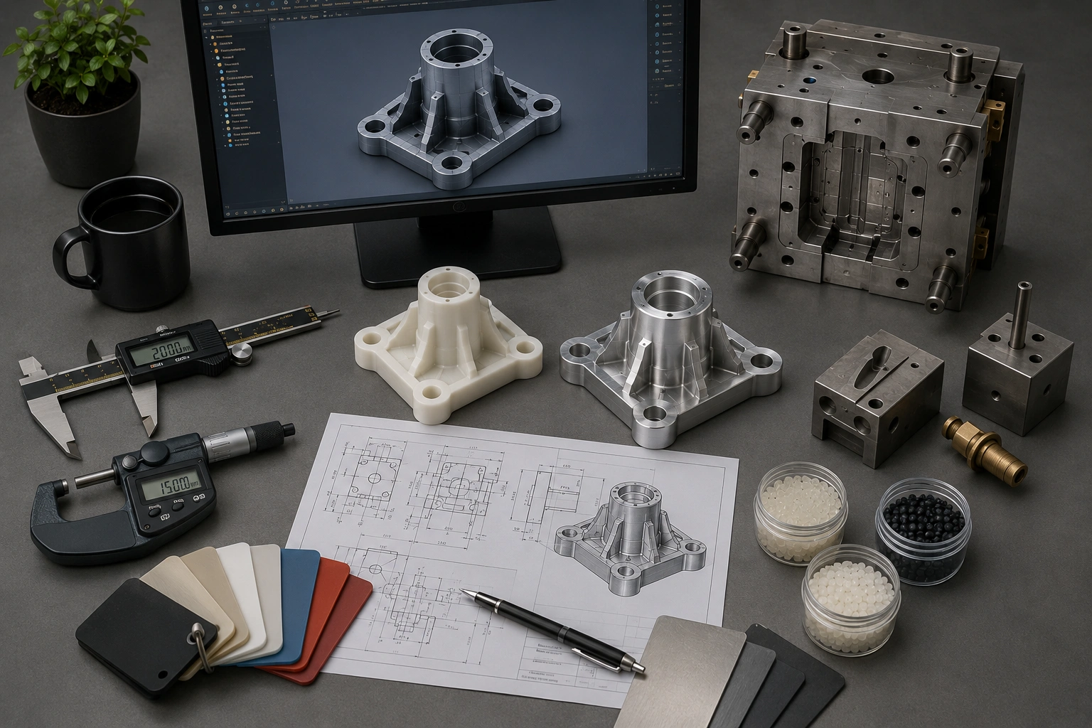 میز کار یک طراح سه بعدی صنعتی شامل مدل CAD، قطعات صنعتی، قالب تزریق پلاستیک، ابزار اندازه‌گیری و نمونه‌های مهندسی