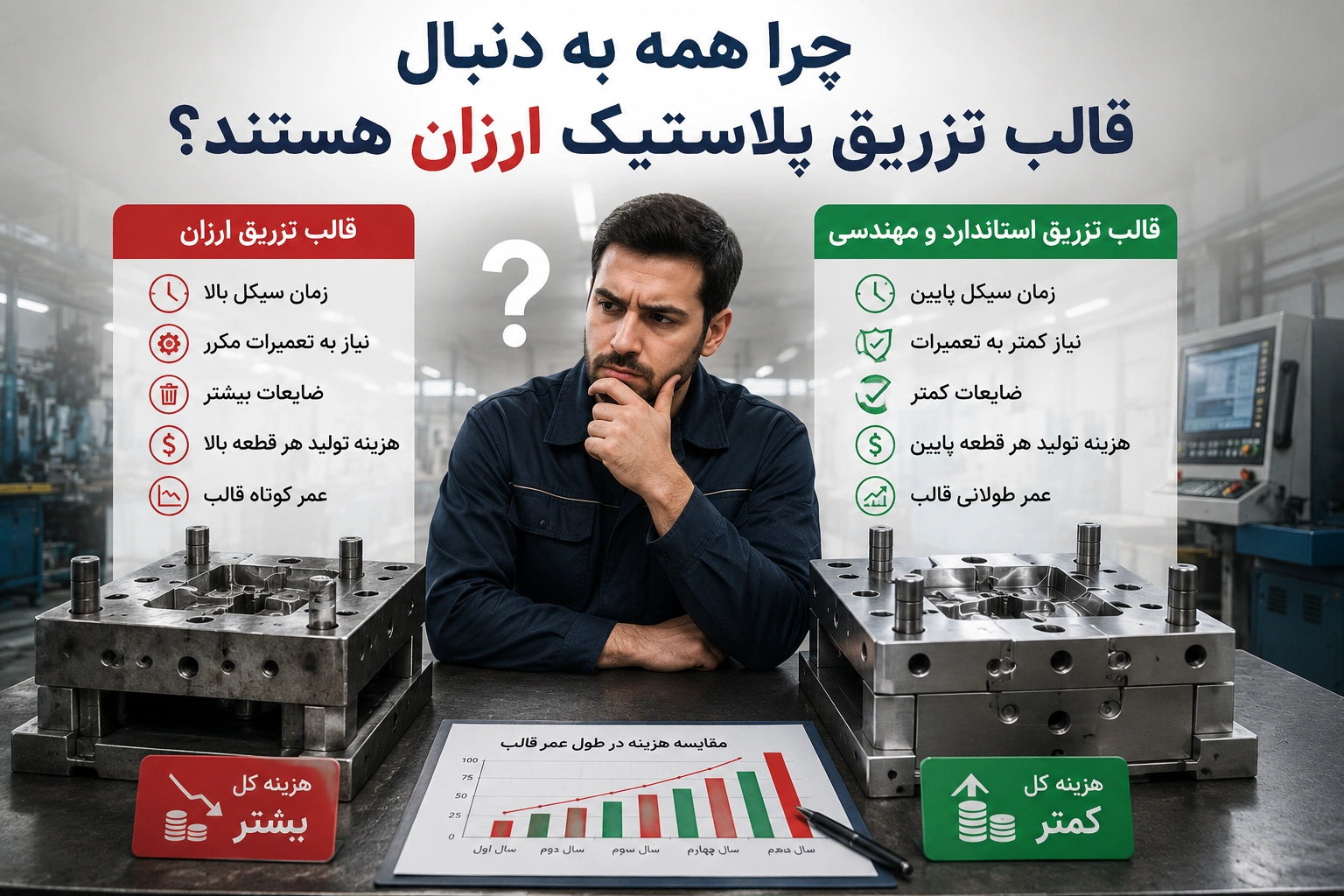 مقایسه قالب تزریق پلاستیک ارزان و قالب استاندارد از نظر هزینه تولید، زمان سیکل و طول عمر قالب