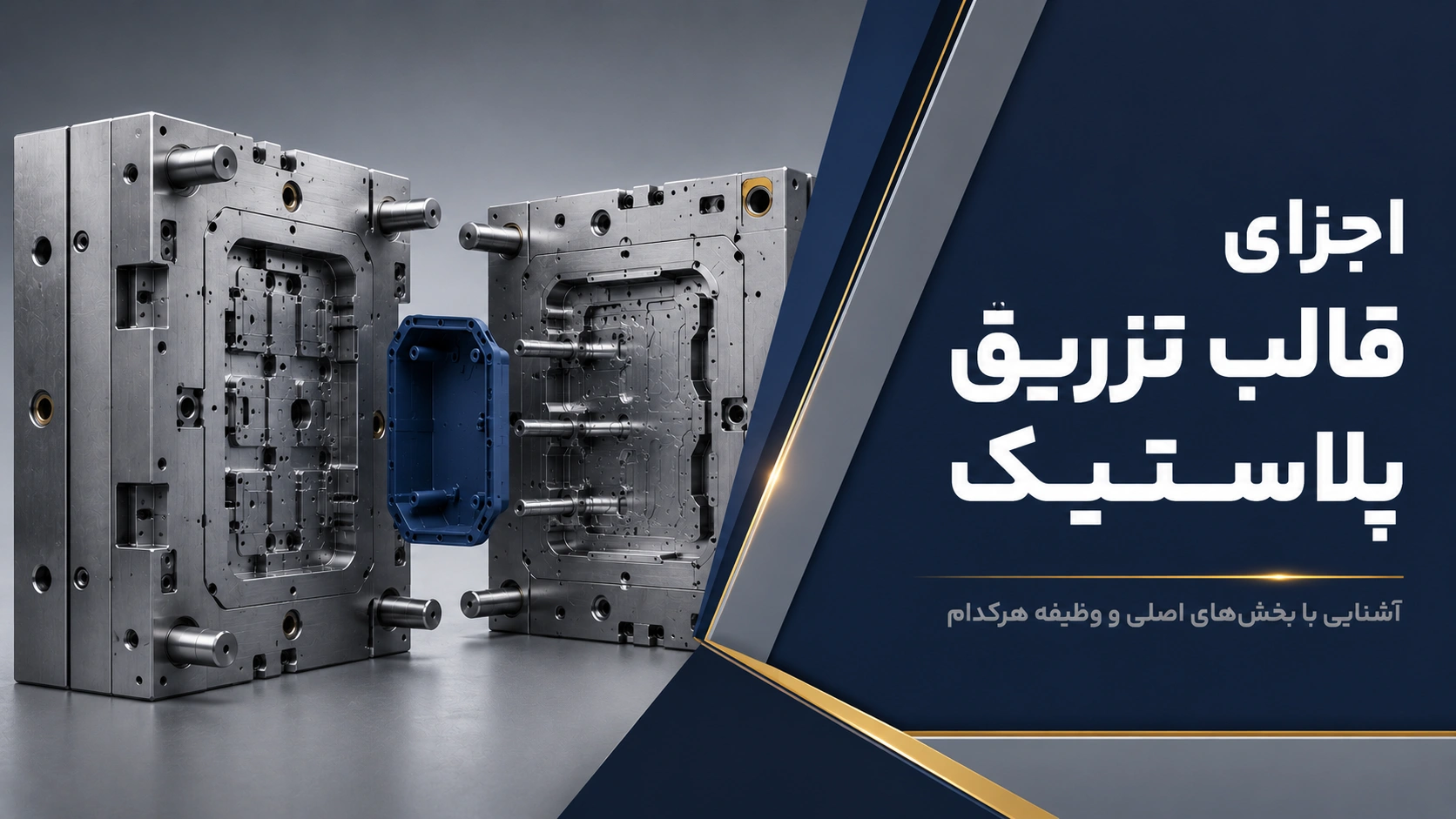 نمای اجزای اصلی قالب تزریق پلاستیک شامل هسته، حفره، راهگاه و سیستم پران
