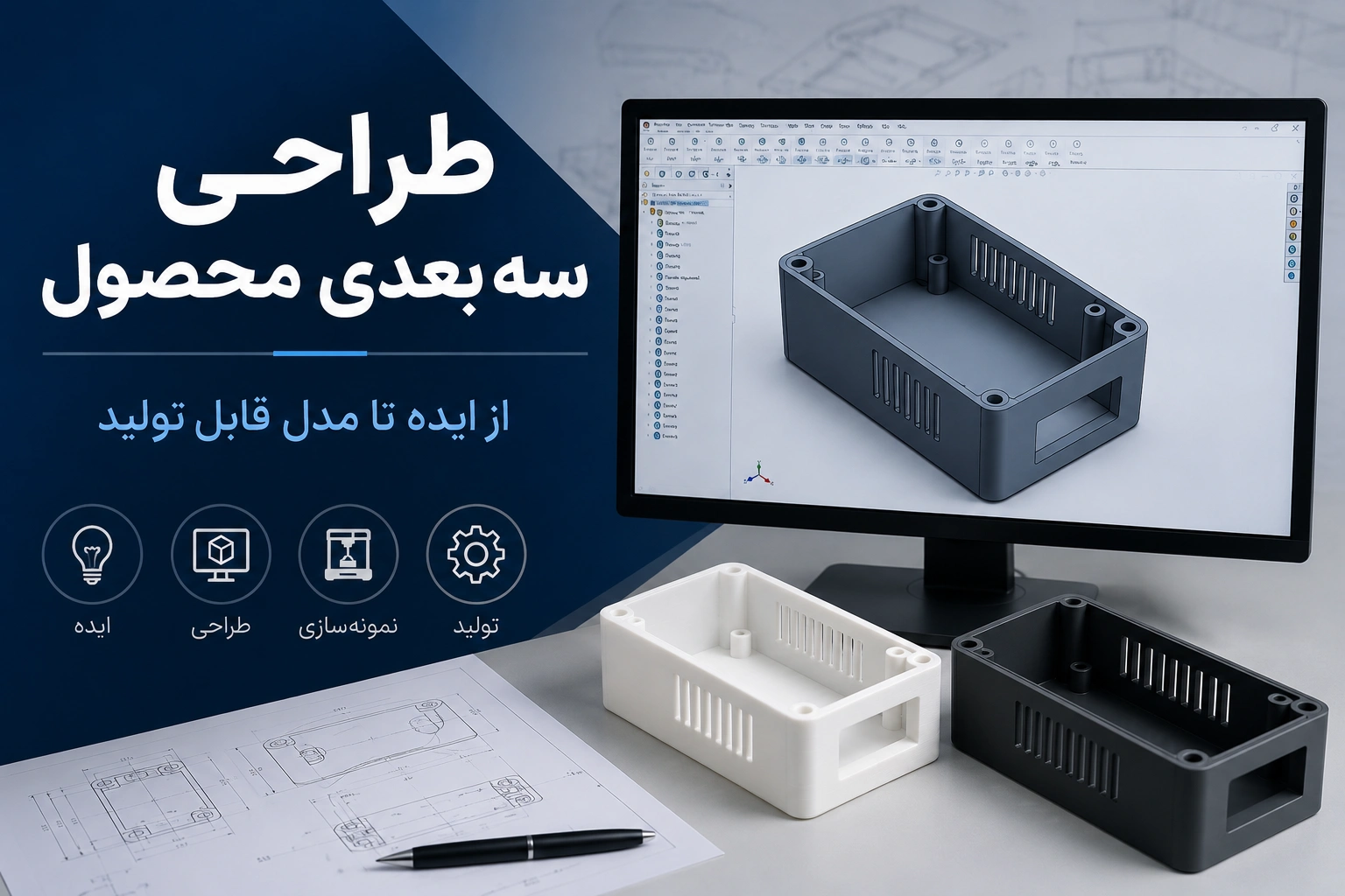 طراحی سهبعدی محصول از ایده تا مدل قابل تولید با نمایش مدل CAD و نمونه فیزیکی