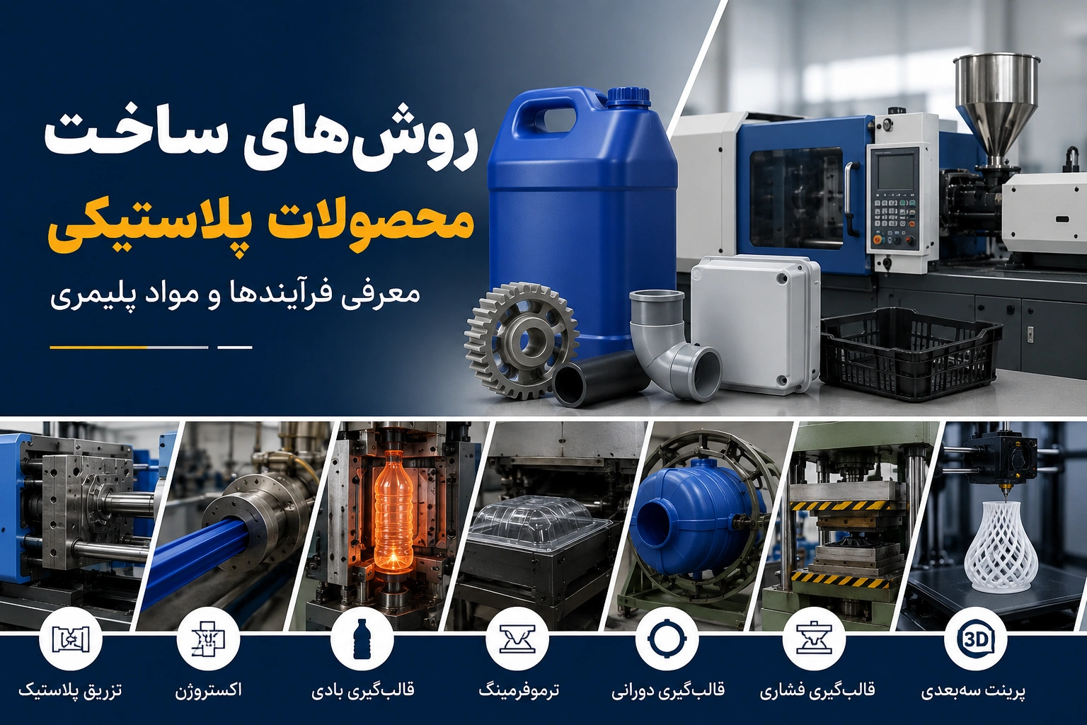 معرفی روشهای ساخت محصولات پلاستیکی شامل تزریق، اکستروژن، قالبگیری و پرینت سهبعدی