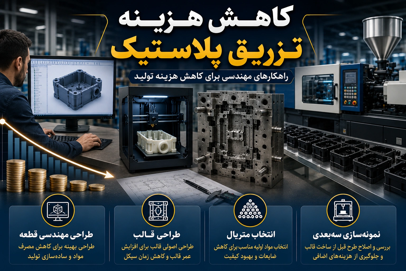 کاهش هزینه تزریق پلاستیک با طراحی مهندسی، نمونه‌سازی سه‌بعدی و طراحی اصولی قالب