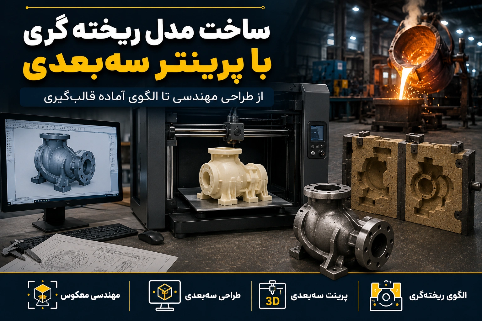 ساخت مدل ریخته‌گری با پرینتر سه‌بعدی از طراحی مهندسی تا الگوی آماده قالب‌گیری