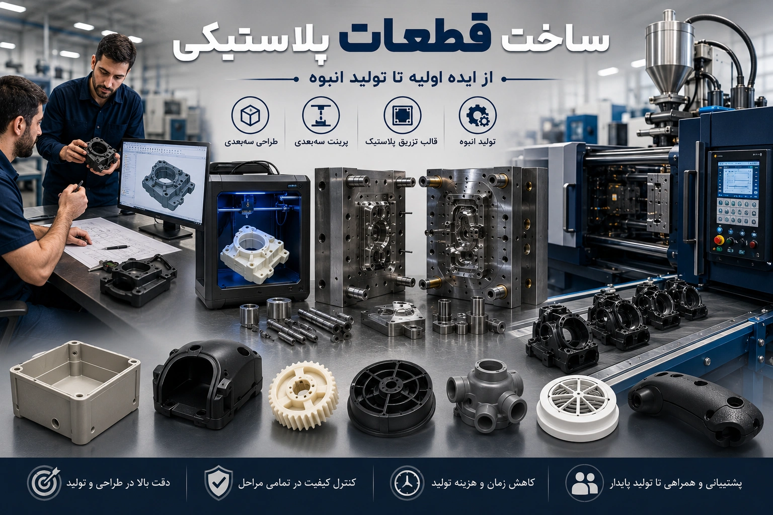 ساخت قطعات پلاستیکی از طراحی سه‌بعدی، نمونه‌سازی و قالب‌سازی تا تولید انبوه صنعتی